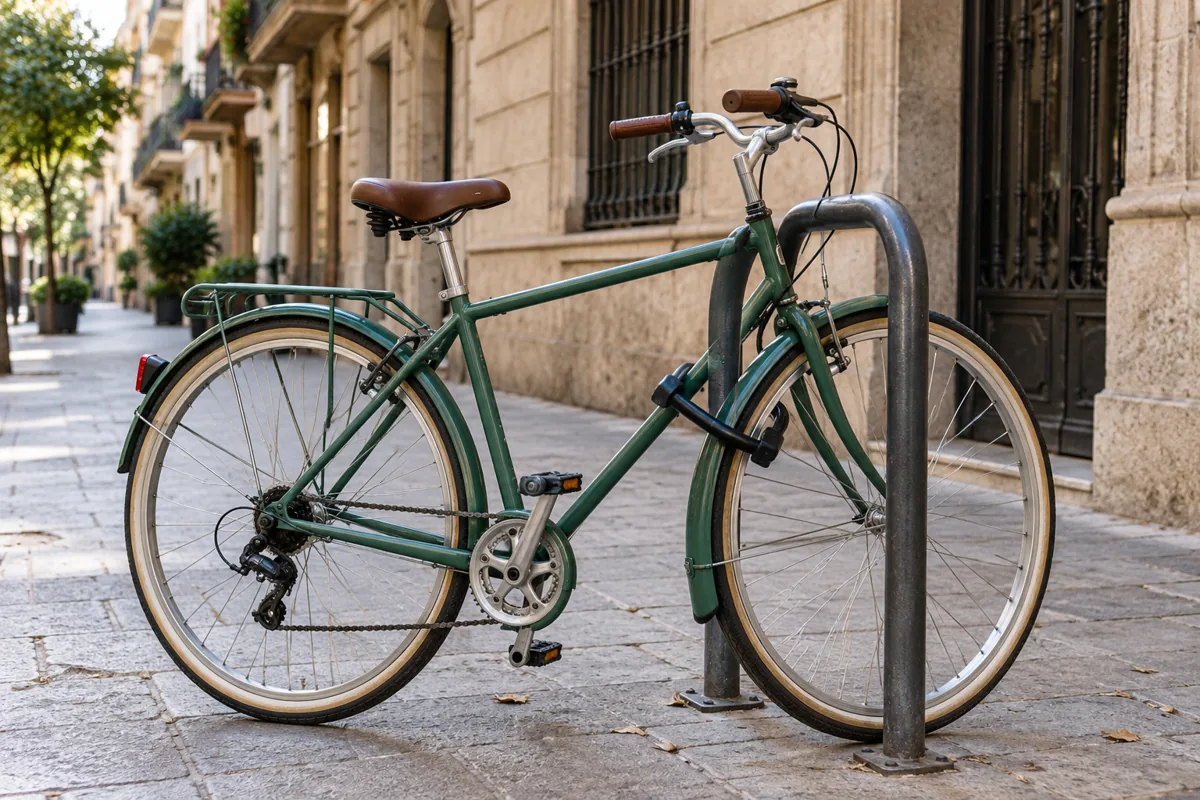 Bicicleta asegurada con candado en una calle española.