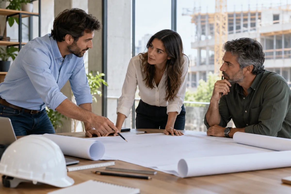 Profesionales de construcción reunidos alrededor de planos en una oficina luminosa.