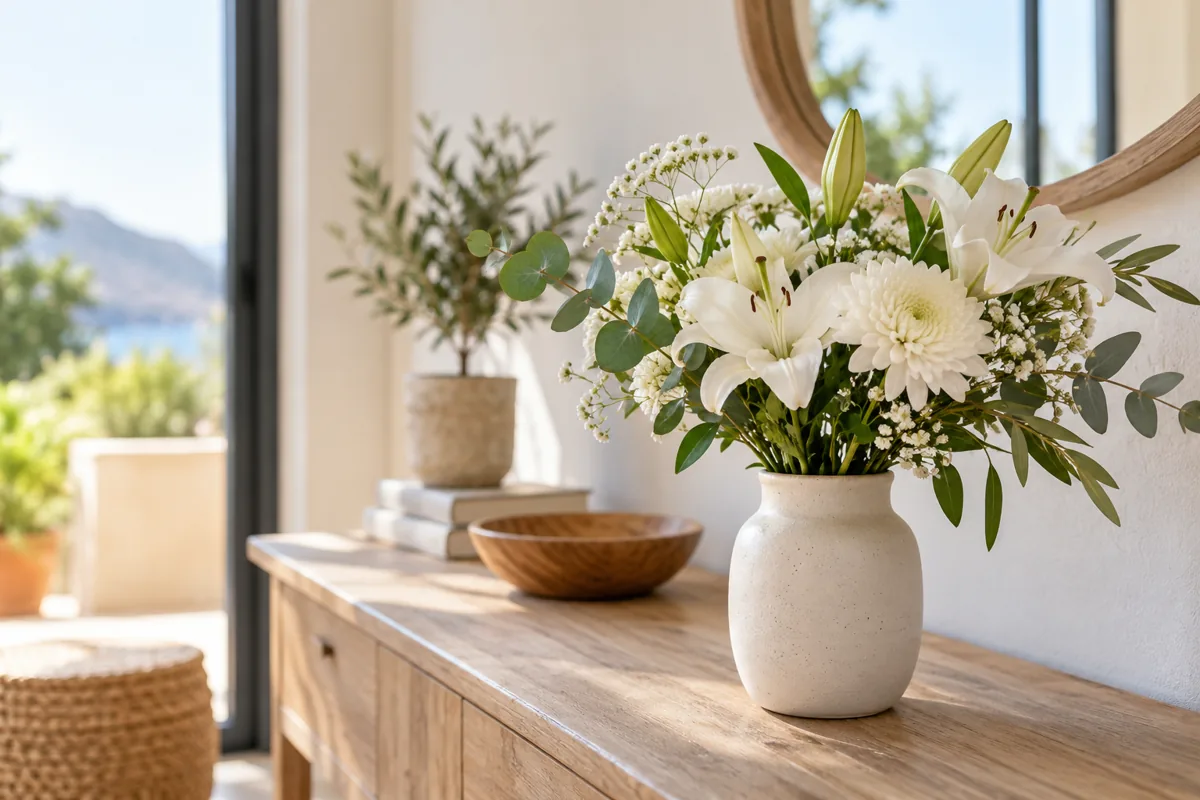 Ramo de flores blancas en un jarrón sobre un mueble de madera en un hogar luminoso.