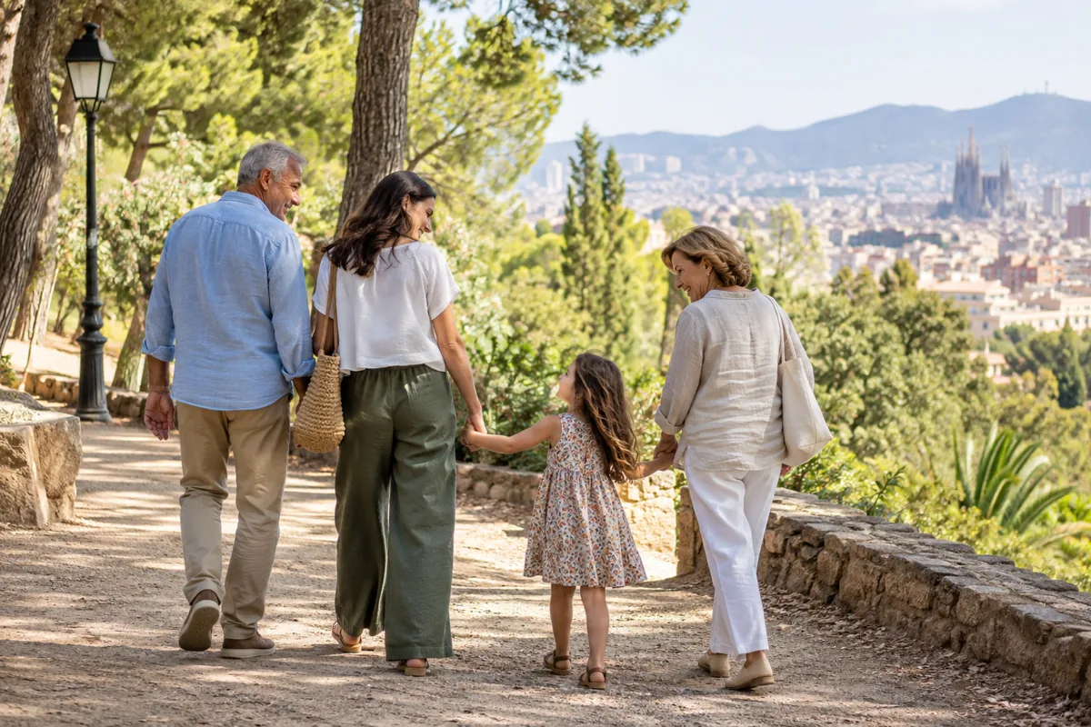 Familia caminando tranquilamente por un parque