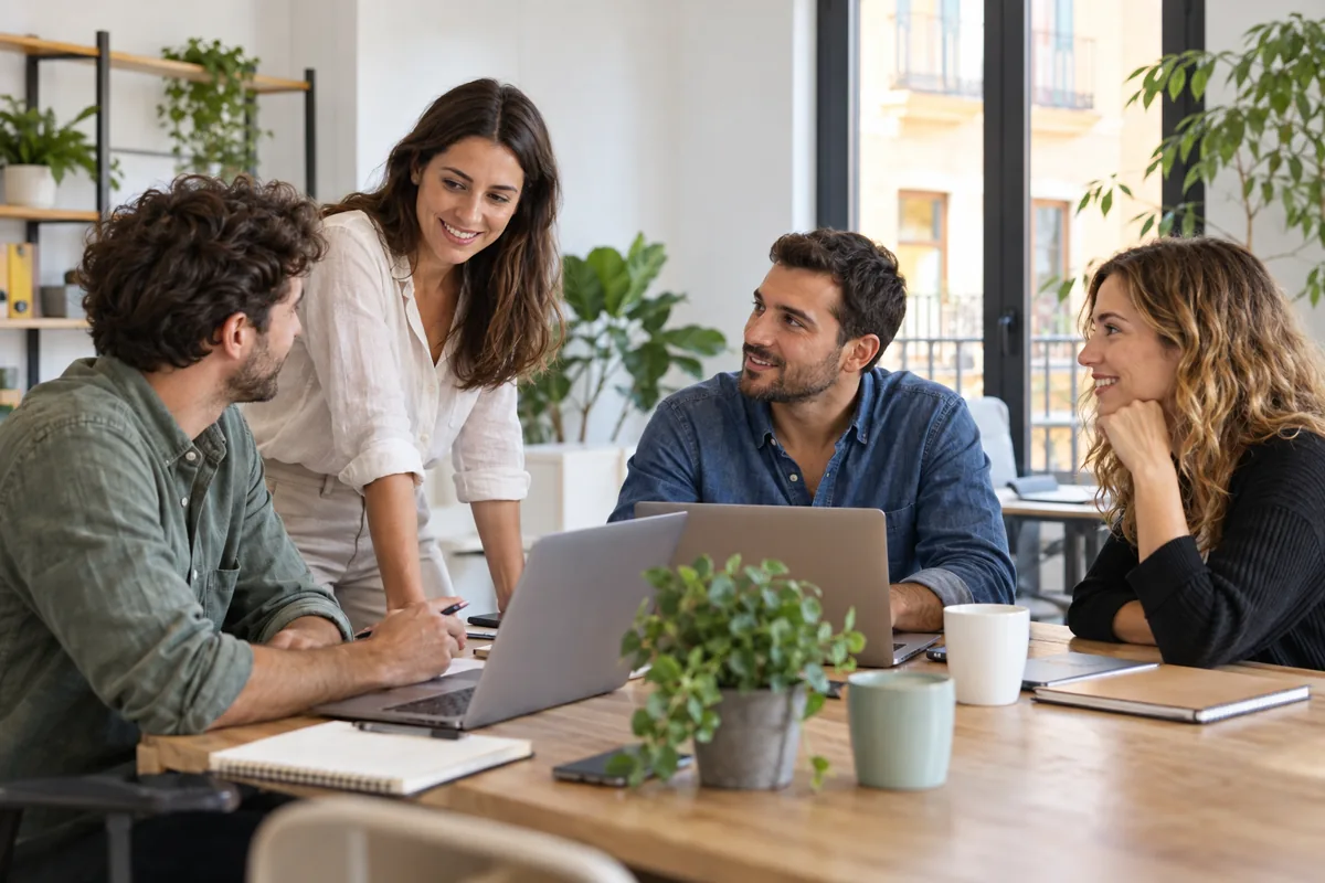Equipo de una pequeña empresa trabajando en una oficina española.