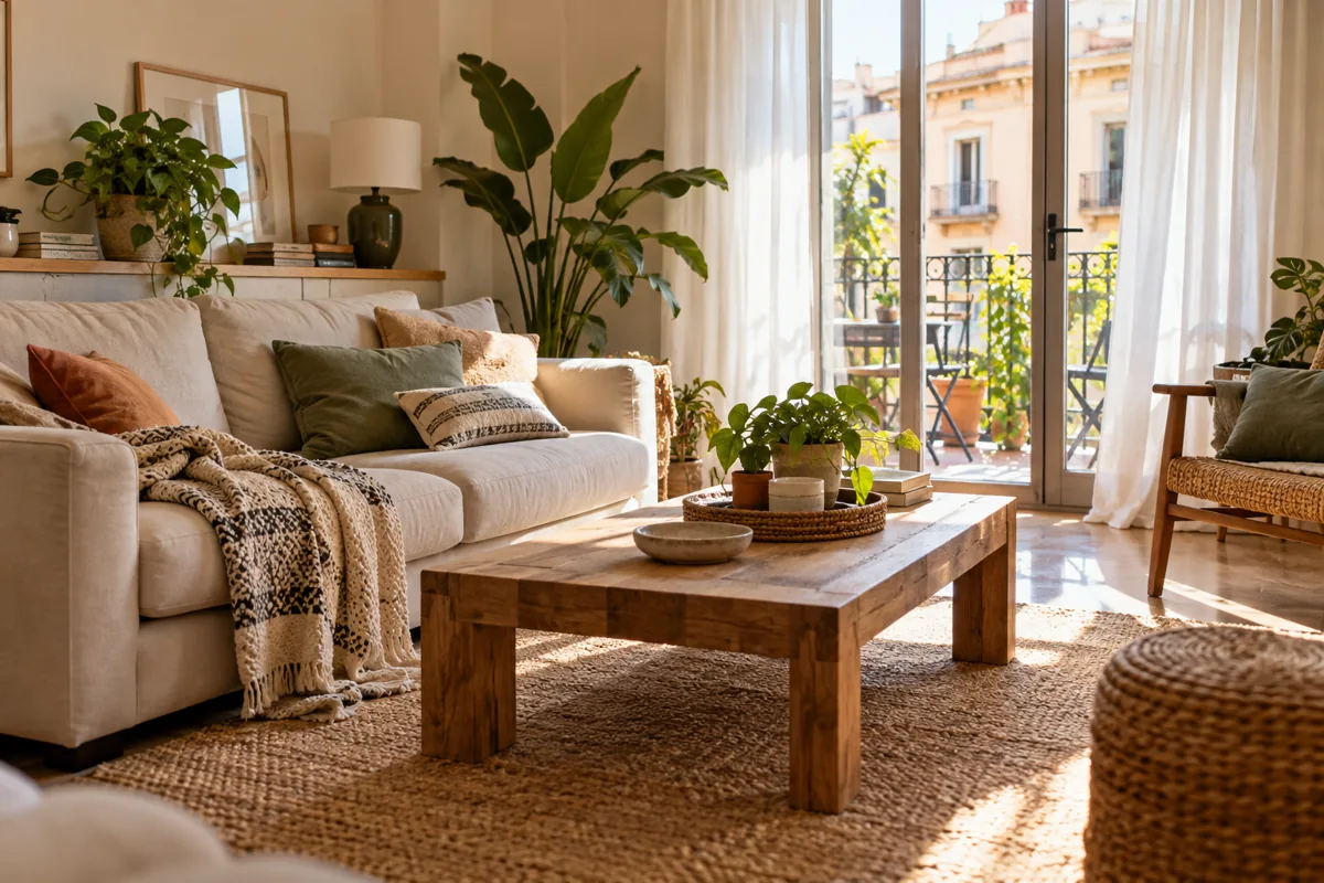 Salón luminoso de una vivienda española con plantas y sofá.