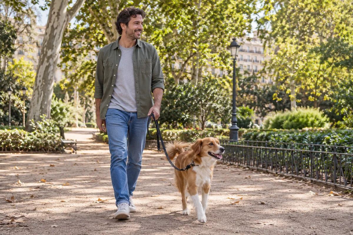 Perro paseando con su dueño por un parque