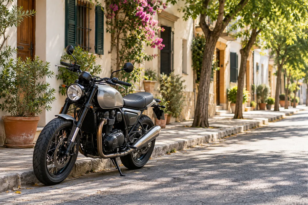 Motocicleta aparcada en una calle residencial española.