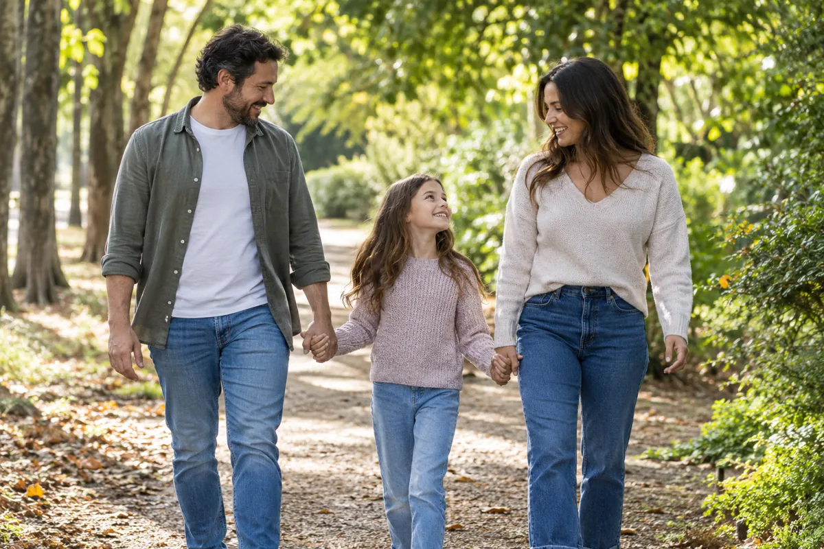 Padres y su hijo caminando juntos por un parque.