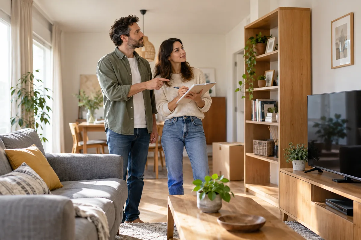 Una pareja revisa los muebles y bienes de su salón