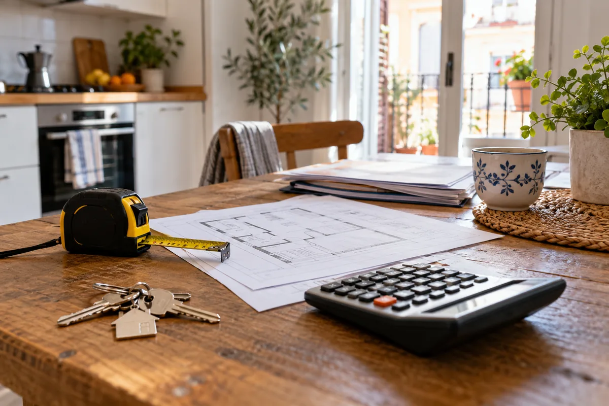 Cinta métrica, calculadora y llaves junto a un inventario del hogar