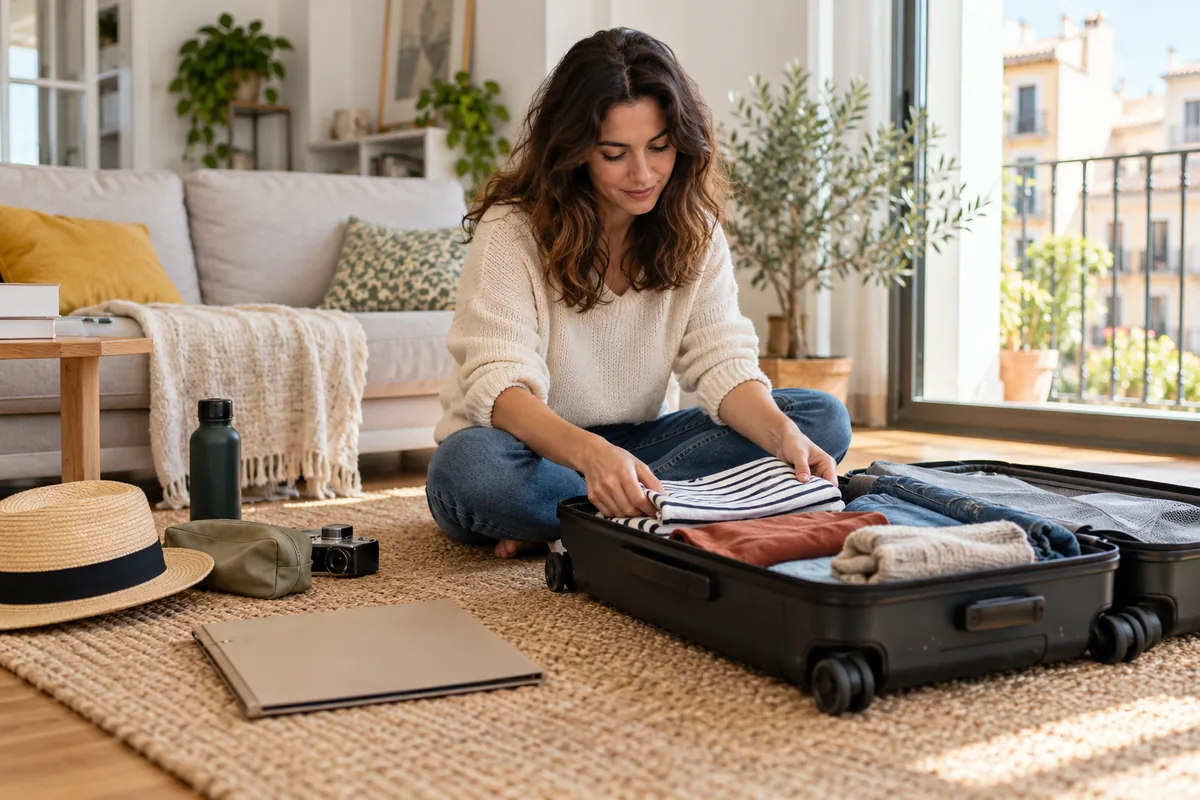 Una viajera prepara una maleta y una carpeta en casa