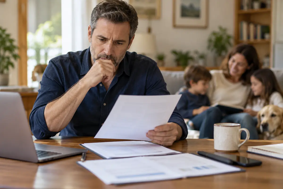 Persona revisando una póliza de vida con su familia desenfocada al fondo