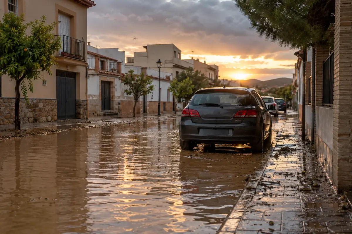 Coche estacionado tras una inundación con el agua descendiendo