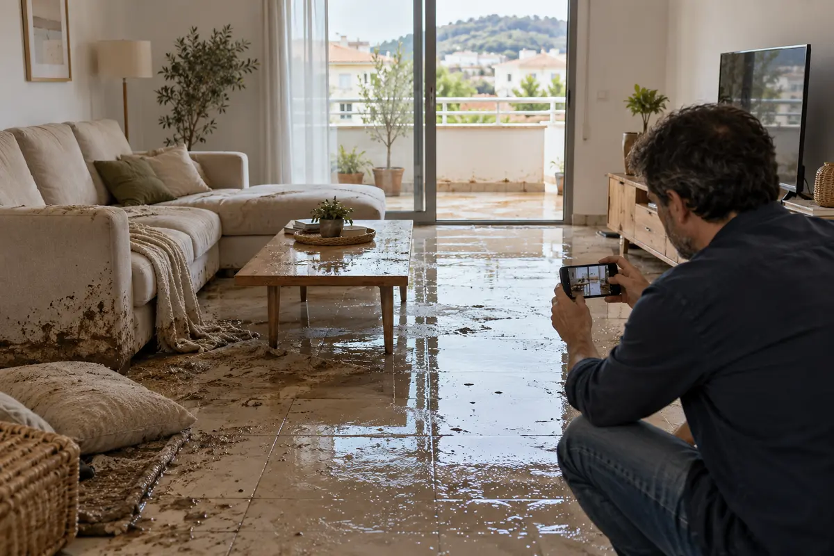 Persona documentando con el móvil daños por agua en una vivienda