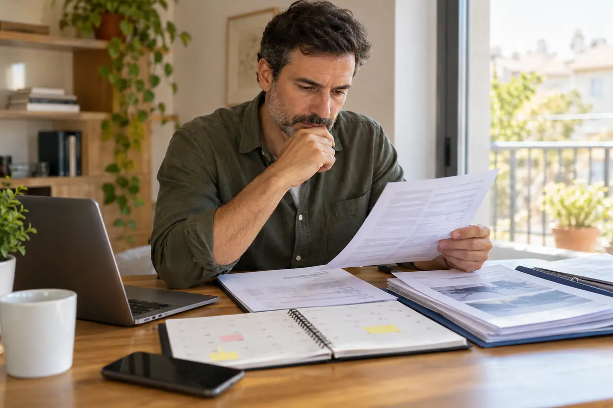 Persona revisando un expediente de siniestro y un calendario en una mesa