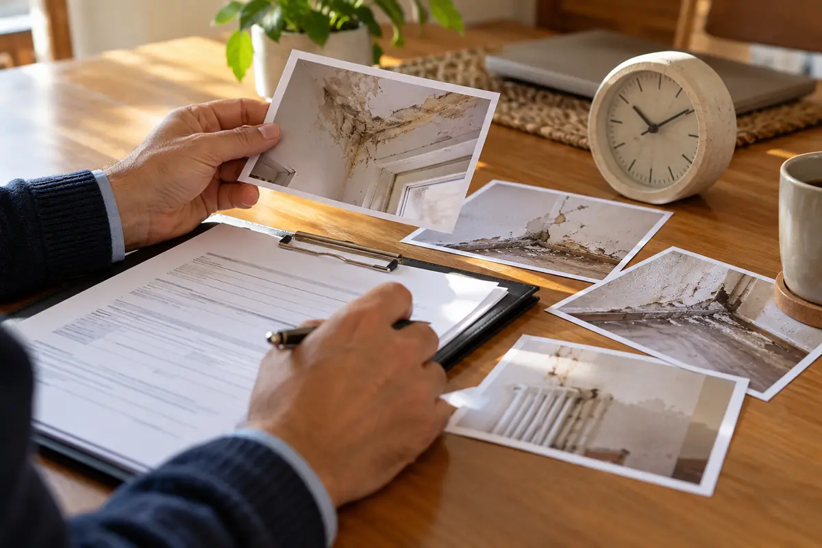 Manos ordenando fotografías y documentos de daños junto a un reloj
