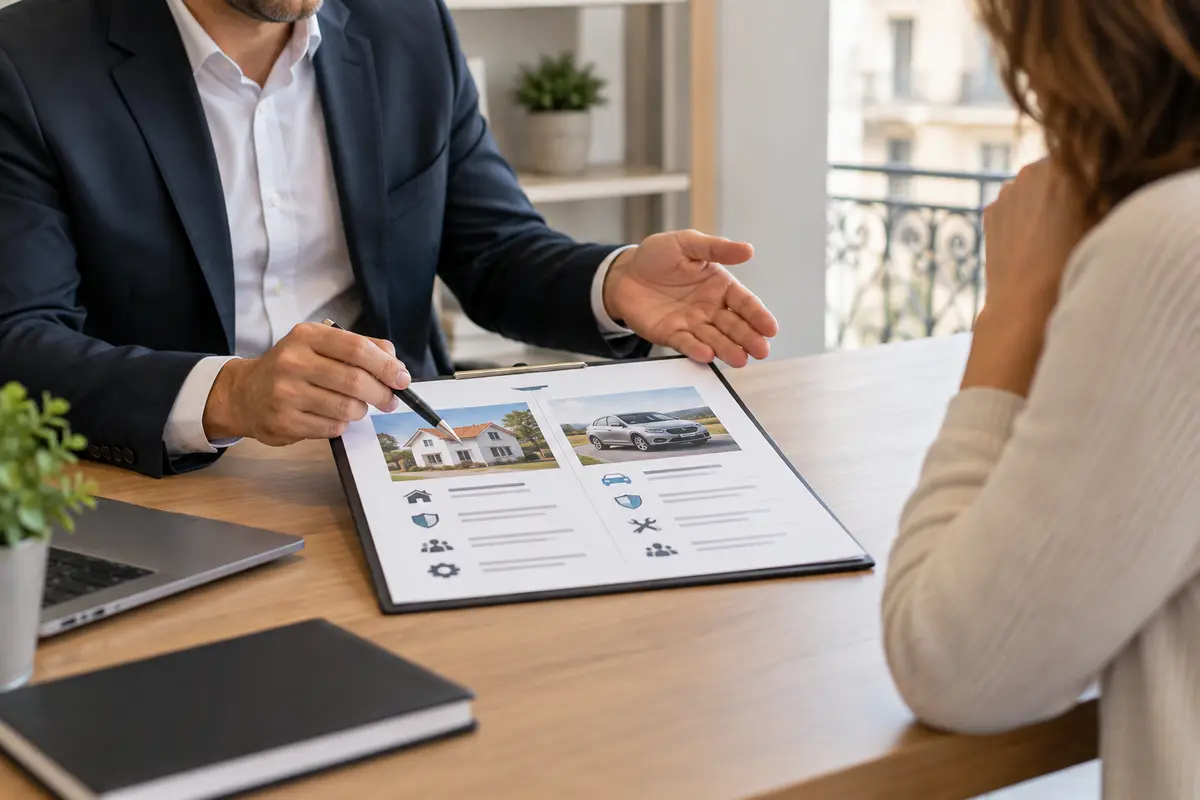 Cliente comparando opciones con un profesional de distribución de seguros