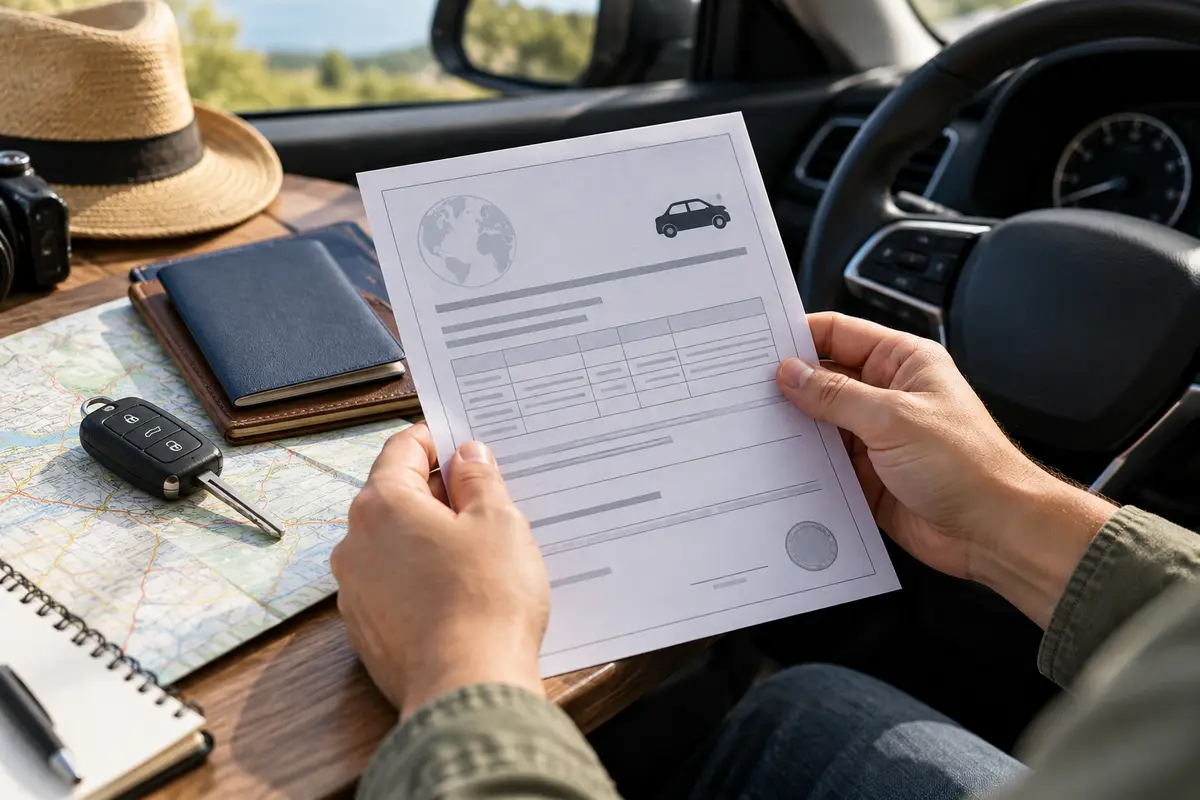 Persona comprobando el Certificado Internacional de Seguro junto a las llaves del coche