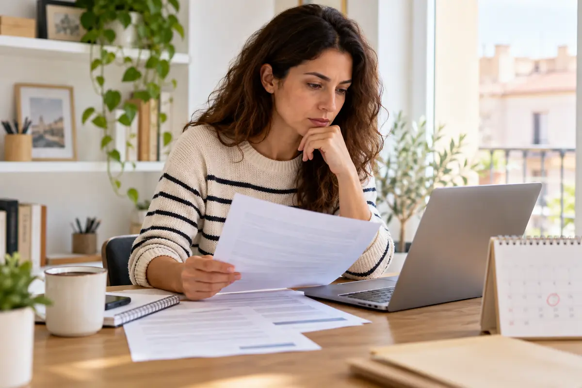 Consumidora revisando una póliza de seguro contratada online y un calendario