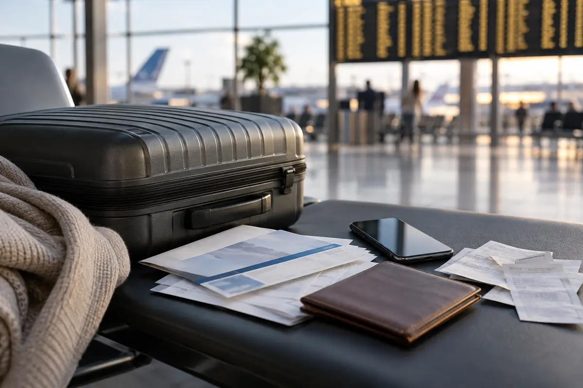 Maleta y justificantes de viaje en un aeropuerto tras una cancelación