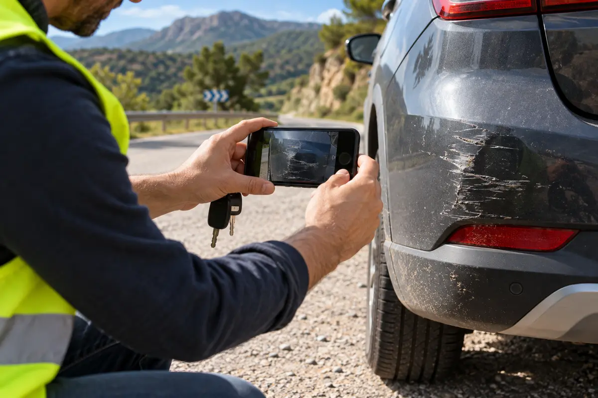 Conductor fotografiando de forma segura los daños del coche tras un incidente en carretera