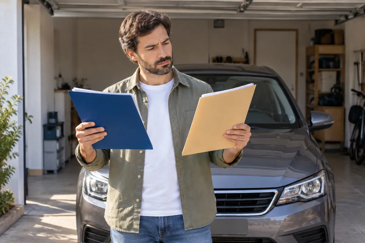 Propietario comparando dos pólizas que protegen el mismo automóvil