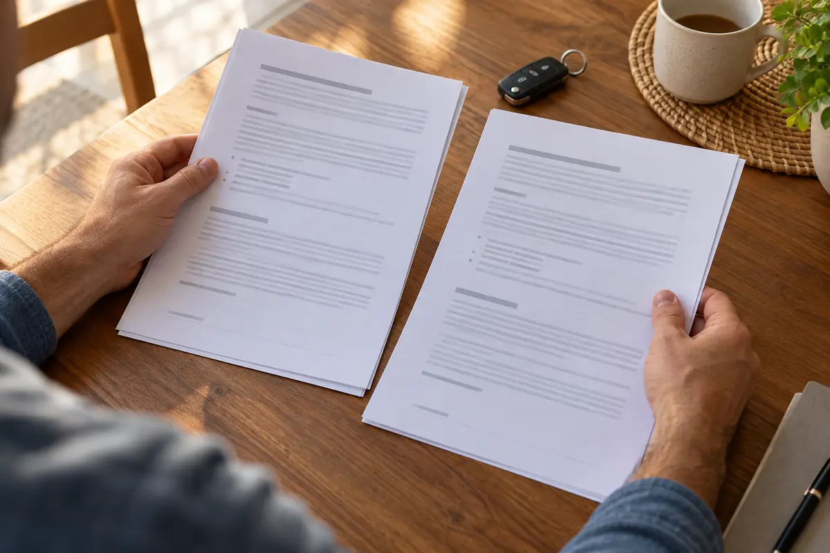 Manos revisando dos contratos de seguro potencialmente solapados