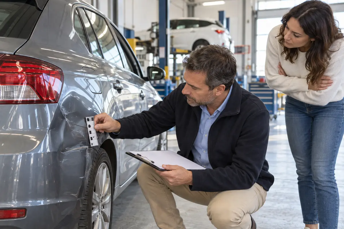Perito examinando los daños de un automóvil en un taller junto a la propietaria