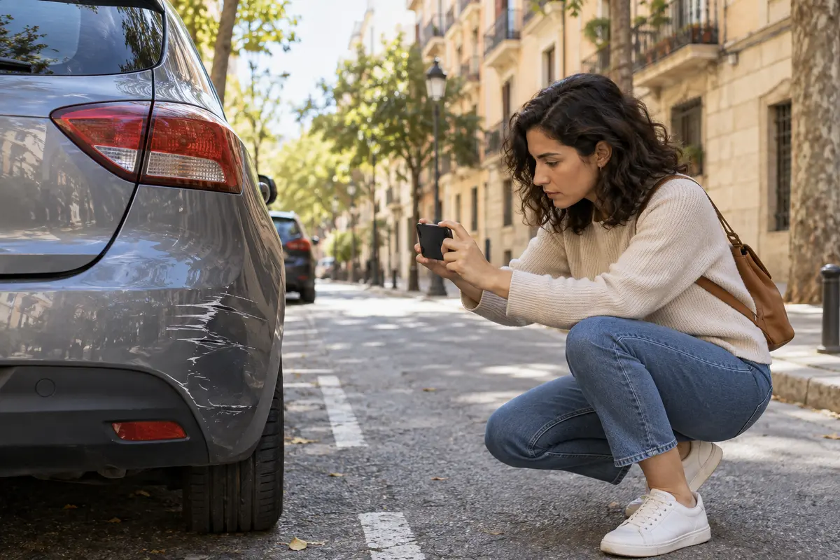 Conductora fotografiando un roce del coche antes de comunicar el siniestro