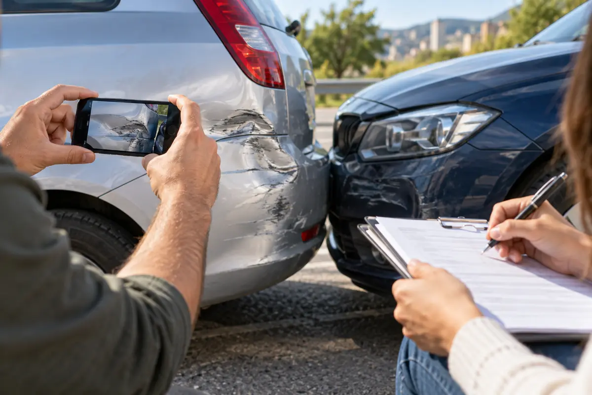 Viajero fotografiando un arañazo antes de recoger un coche de alquiler