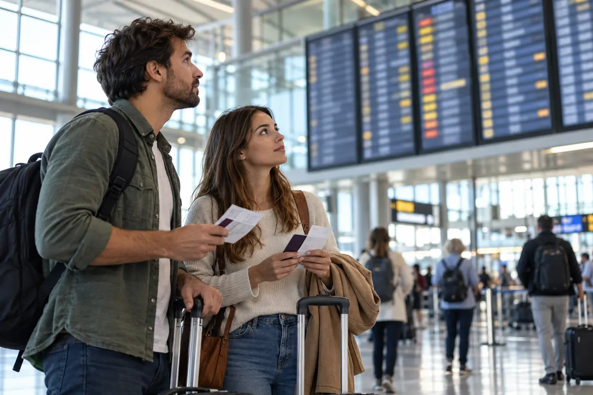 Viajeros comprobando la información de un vuelo retrasado en el aeropuerto