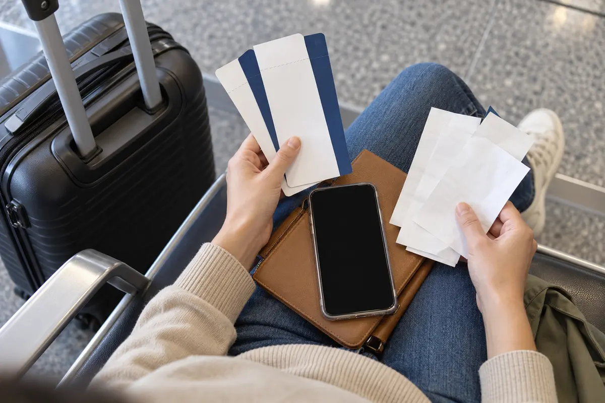 Equipaje y justificantes organizados durante la espera de un vuelo