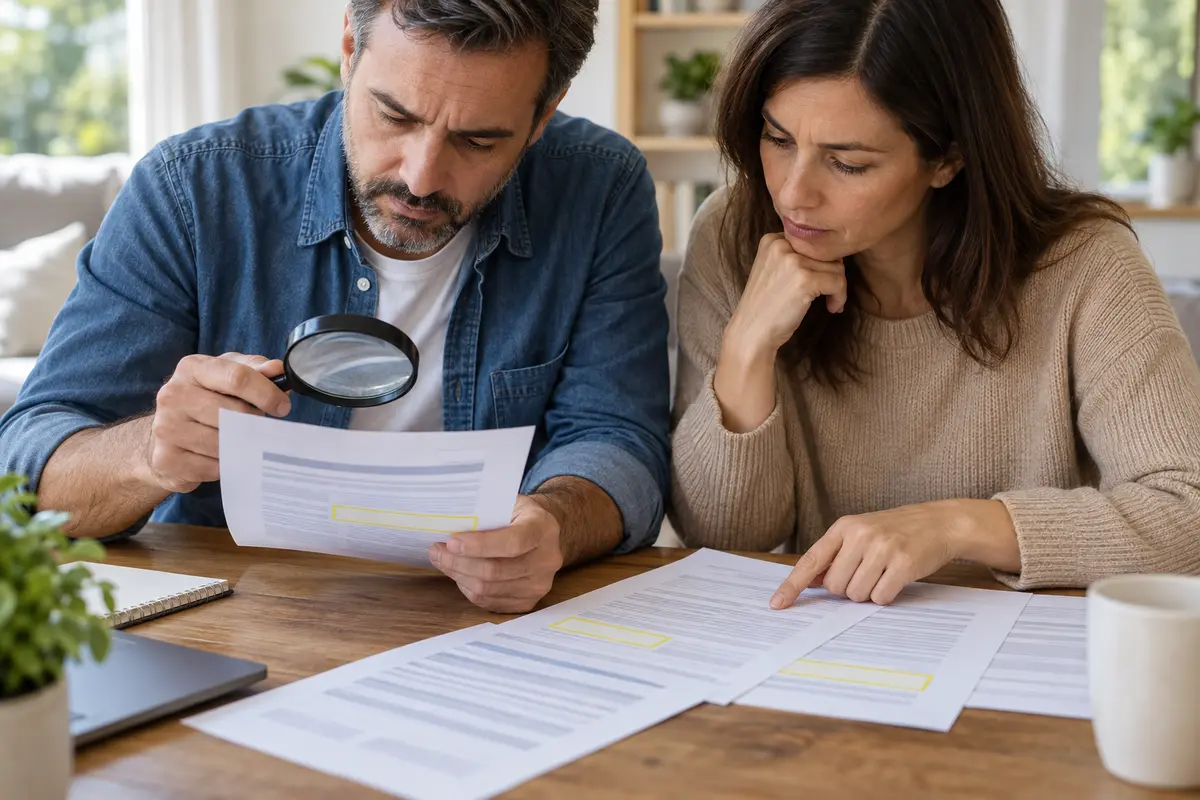 Dos personas comparando condiciones destacadas de un contrato de seguro