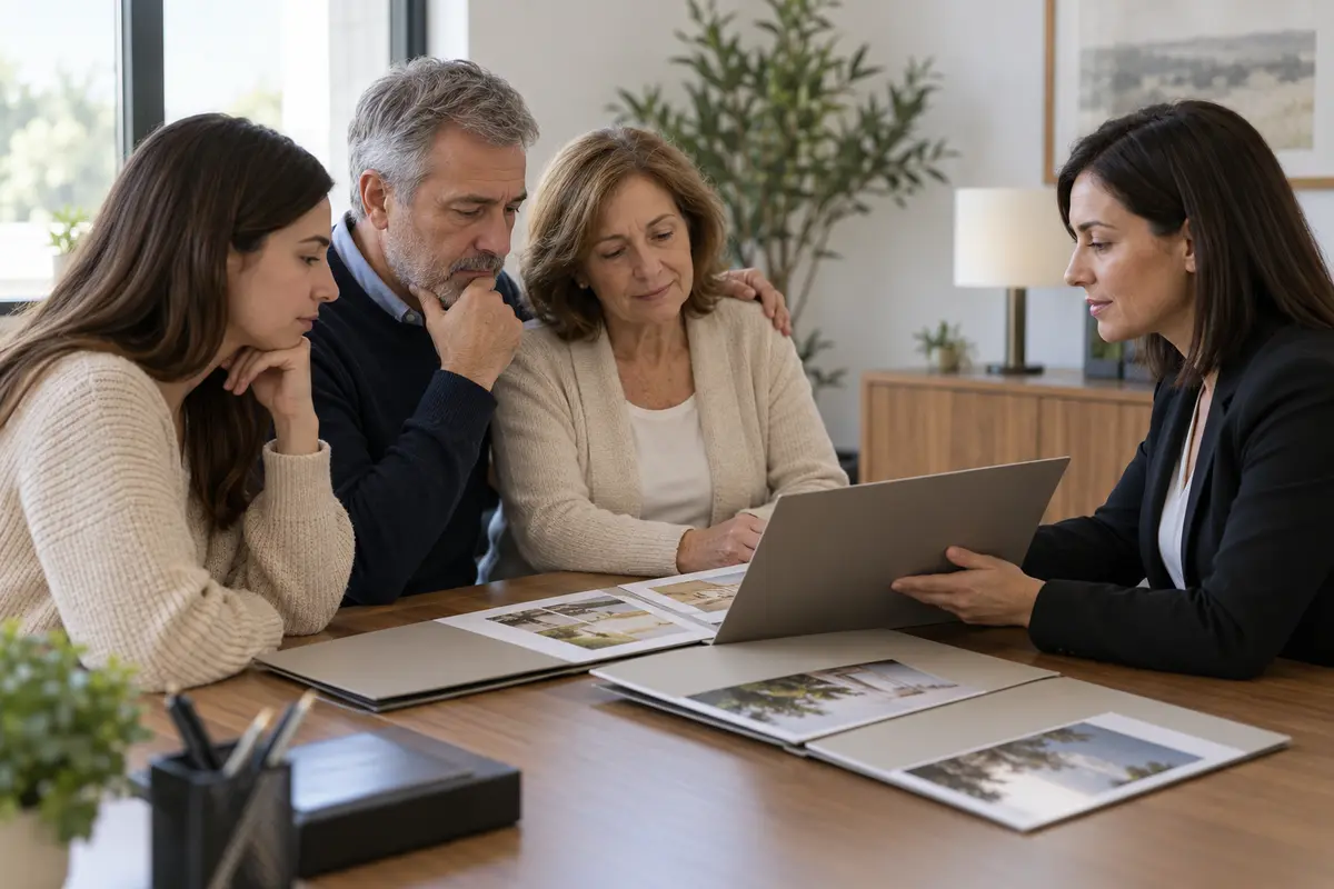 Familia revisando las opciones de un servicio funerario asegurado