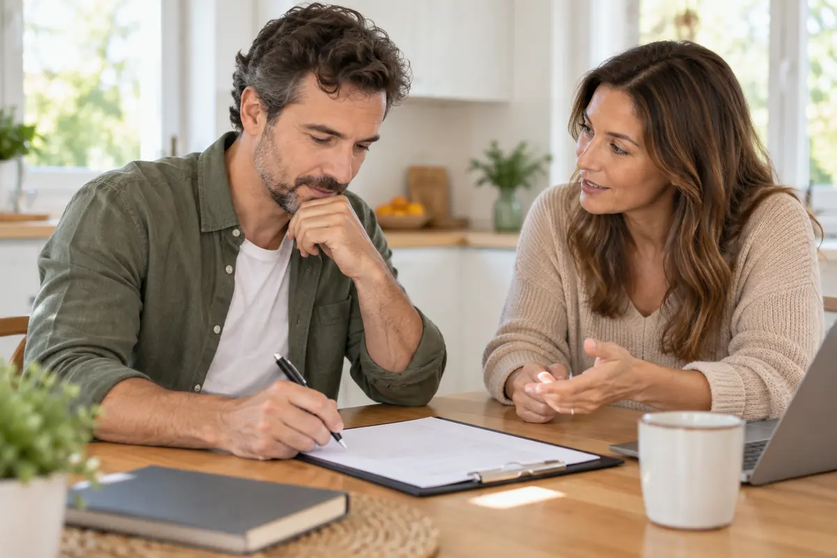 Dos adultos revisando y firmando una solicitud de seguro de vida