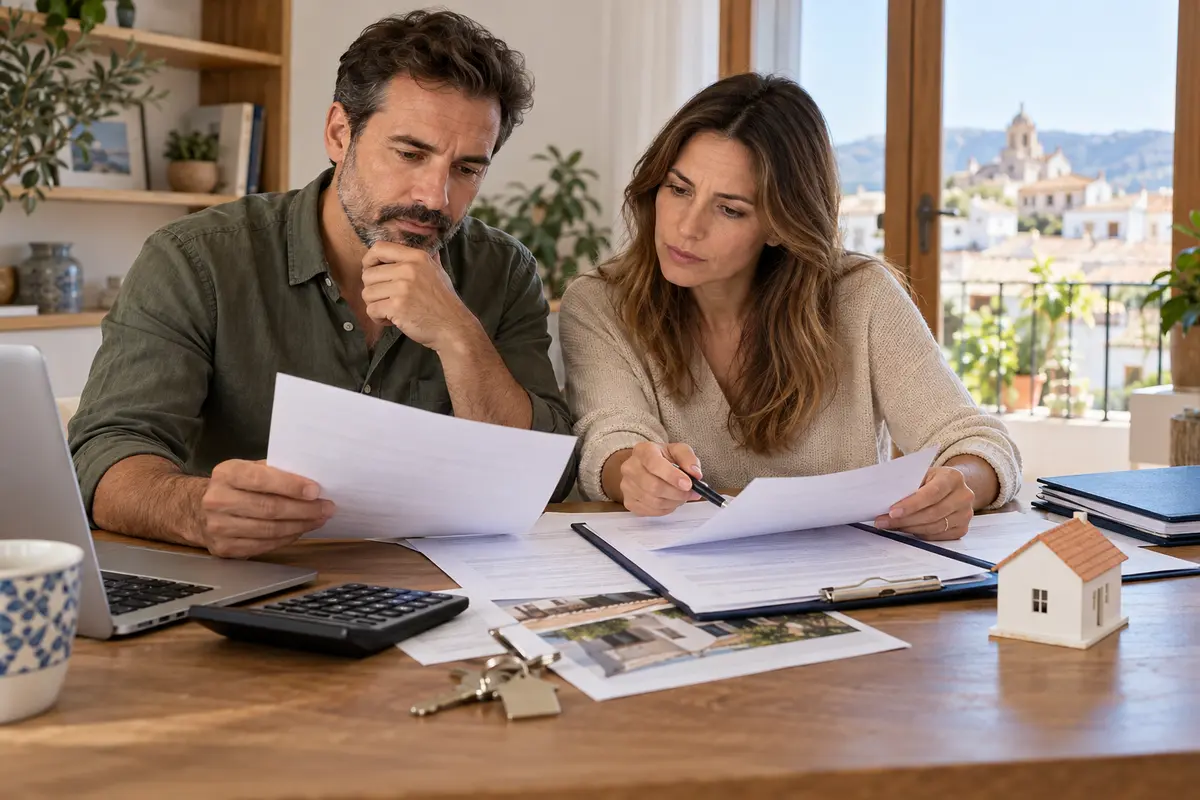 Propietarios revisando una indemnización de hogar junto a documentos de hipoteca