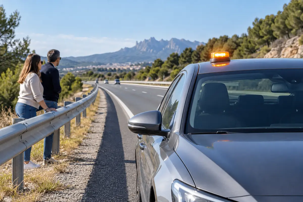 Vehículo detenido de forma segura con una baliza V16 encendida en el techo