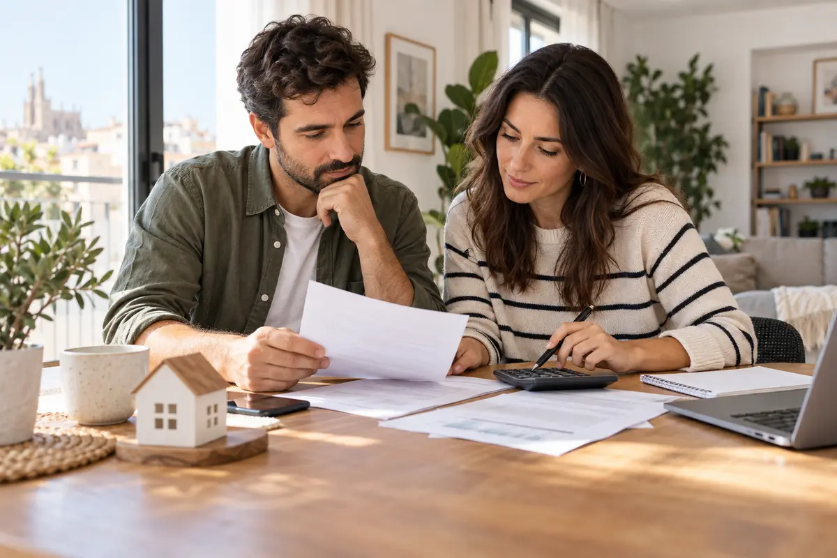 Pareja comparando el valor asegurado de su vivienda con una calculadora