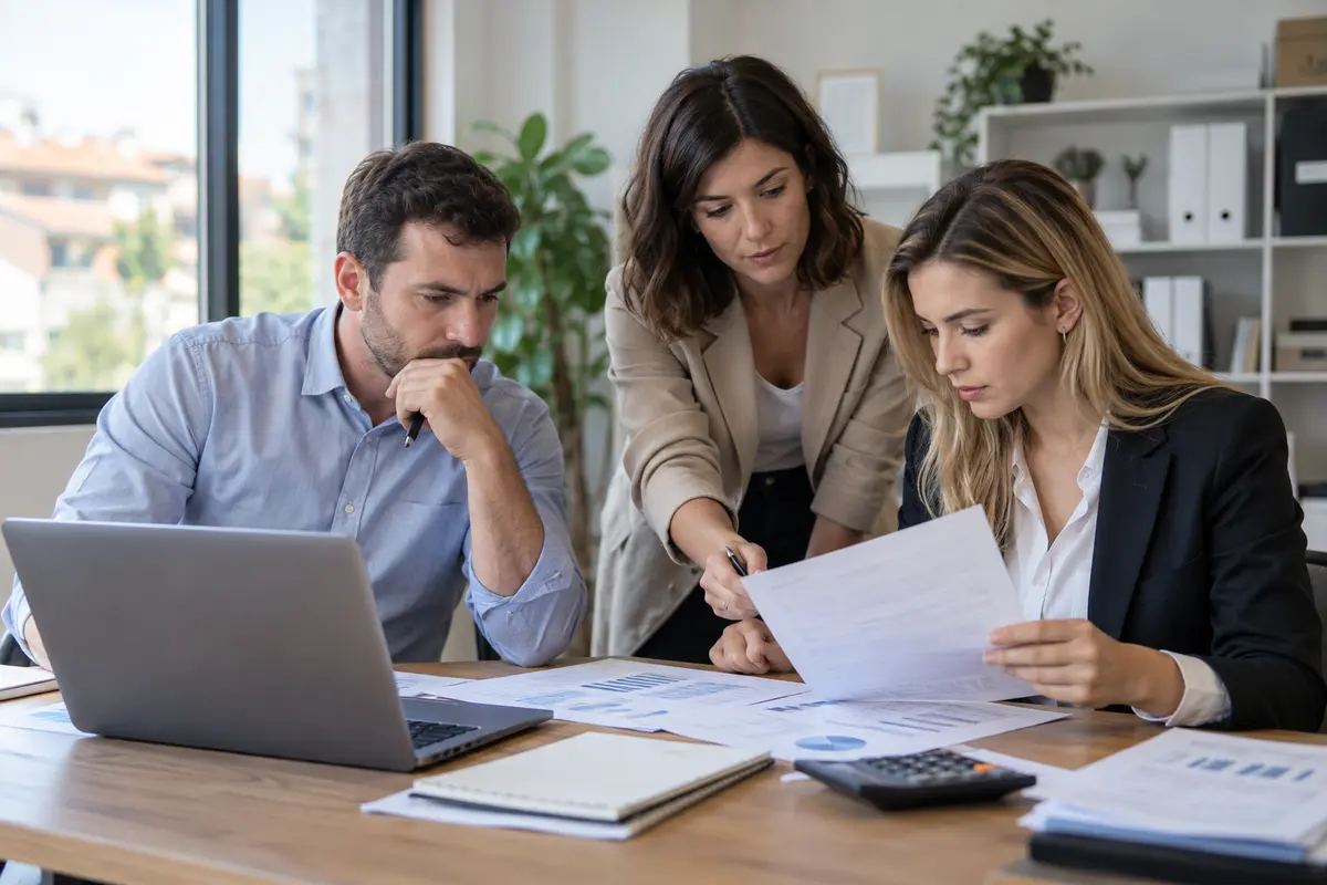 Equipo de empresa analizando facturas y el riesgo de insolvencia de clientes