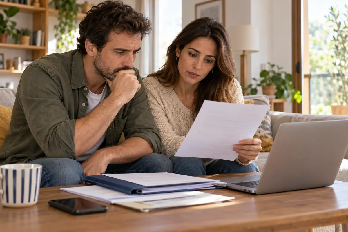 Asegurados revisando una comunicación sobre la situación de su compañía