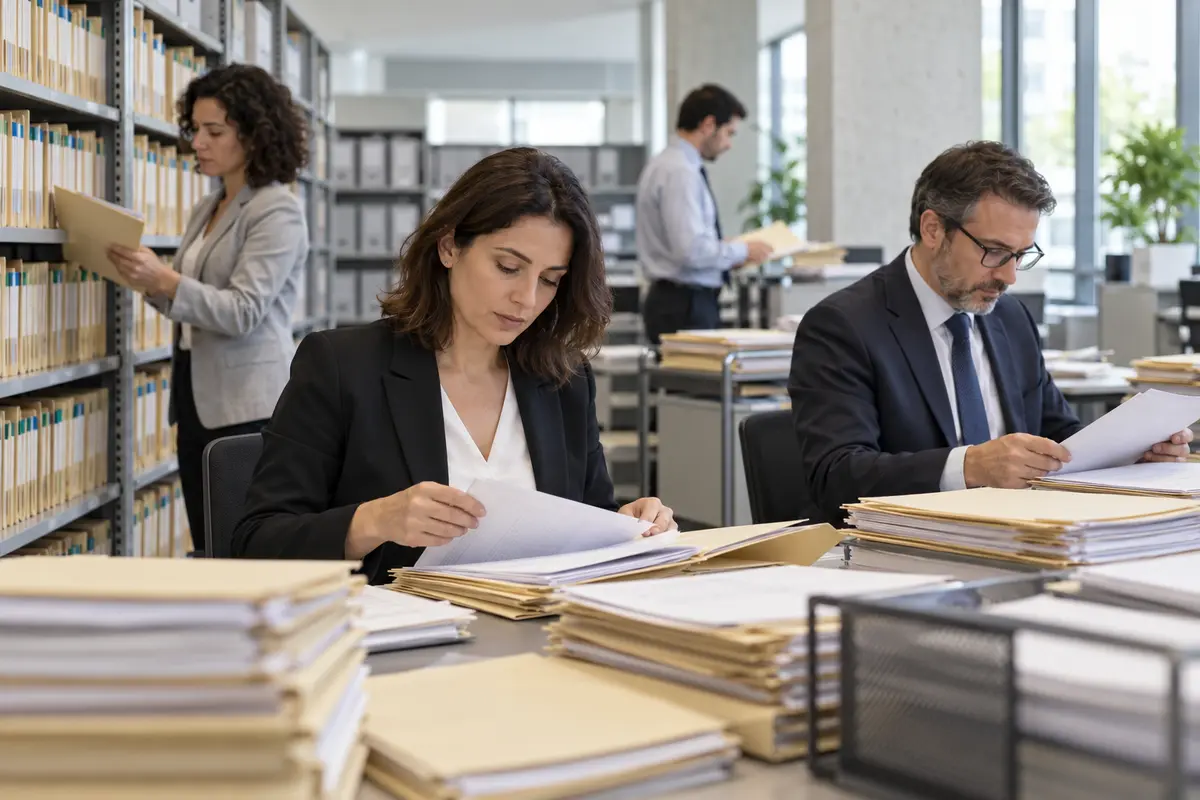 Equipo administrativo organizando expedientes de acreedores por contratos de seguro