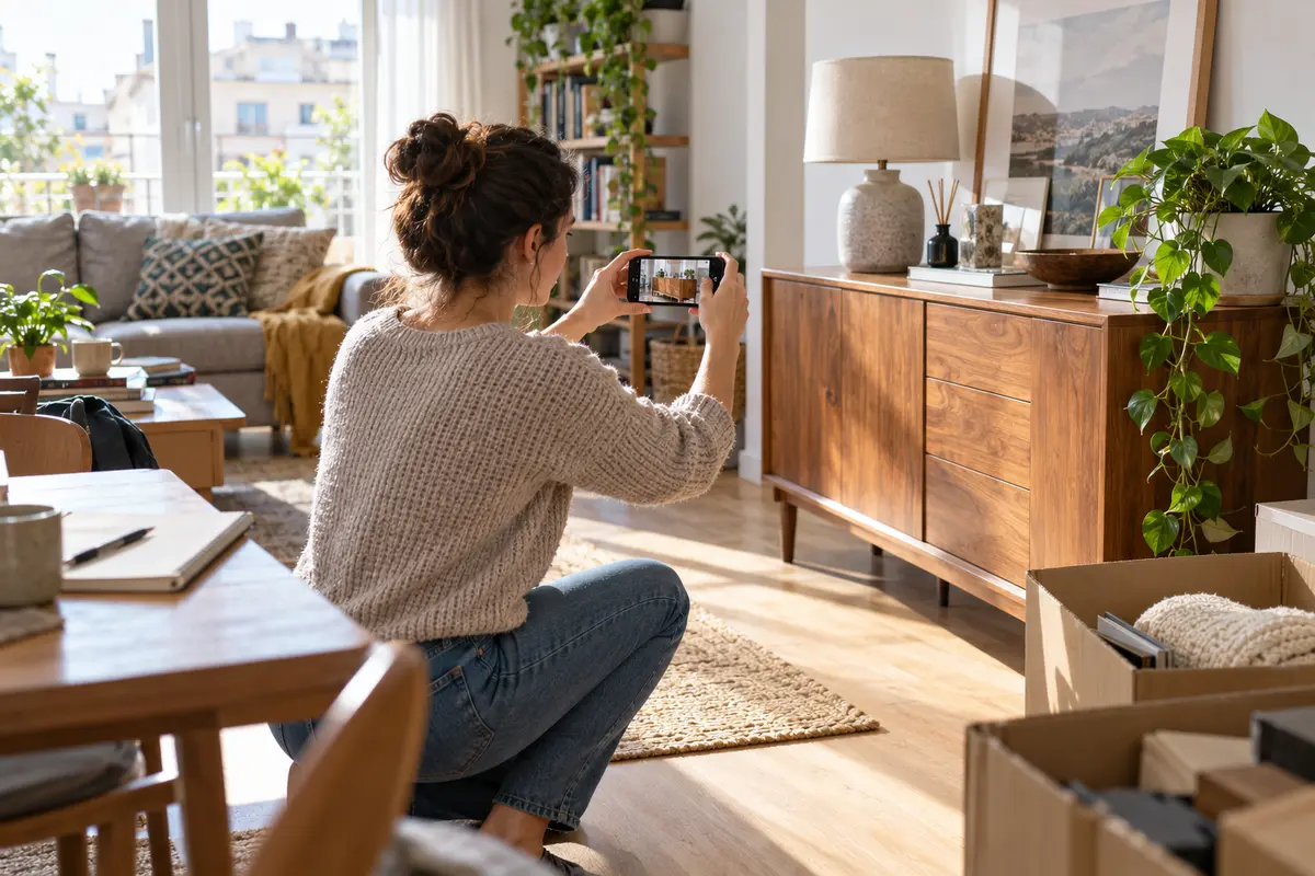 Propietaria fotografiando muebles para crear un inventario doméstico