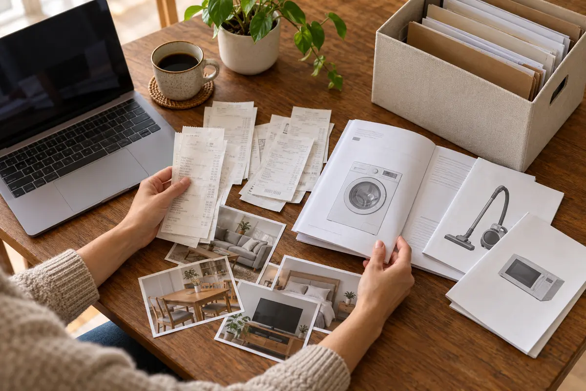 Facturas, manuales y fotografías organizados como prueba de bienes del hogar