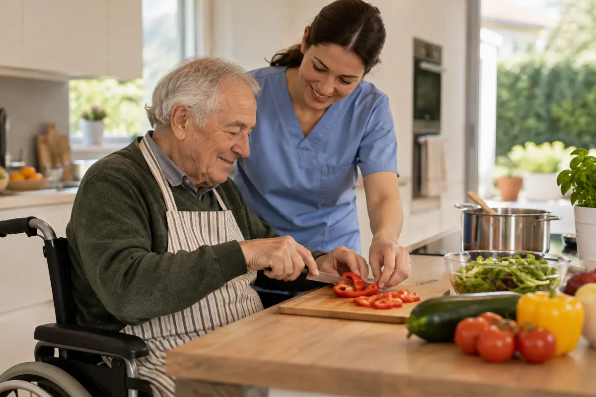 Cuidadora ayudando a un hombre mayor a preparar comida en una cocina accesible