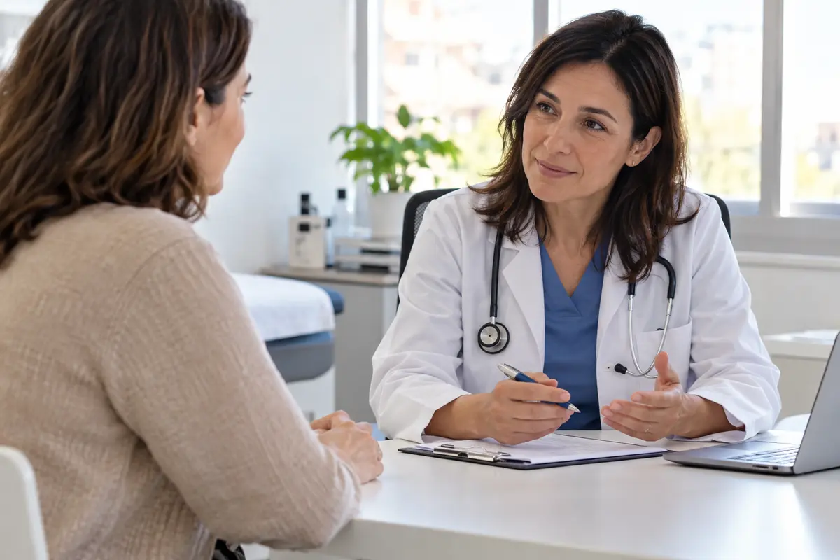 Paciente adulta conversando con una médica en una consulta luminosa