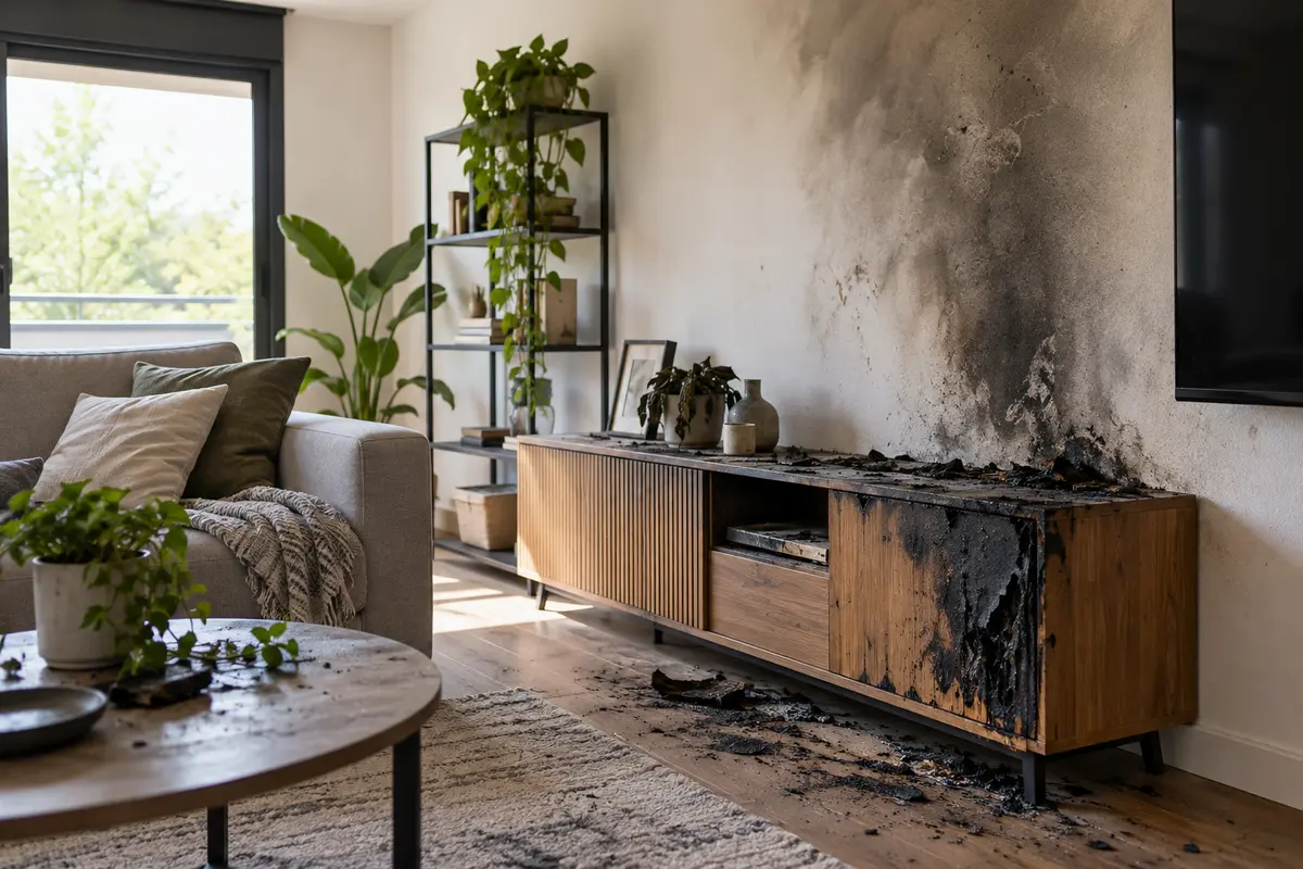 Salón con daños localizados por humo y fuego después de extinguir un incendio