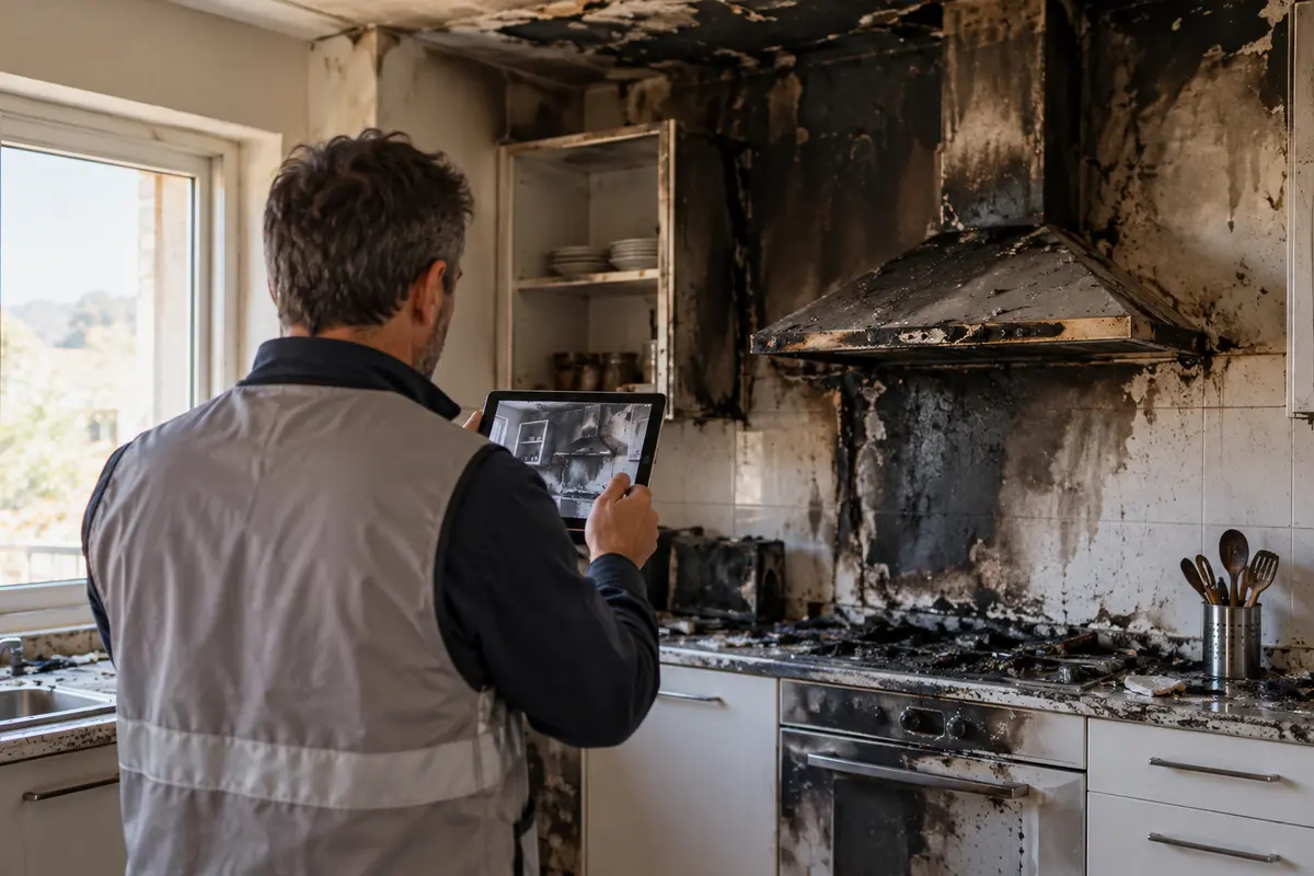 Perito documentando con una tableta los daños de una cocina incendiada