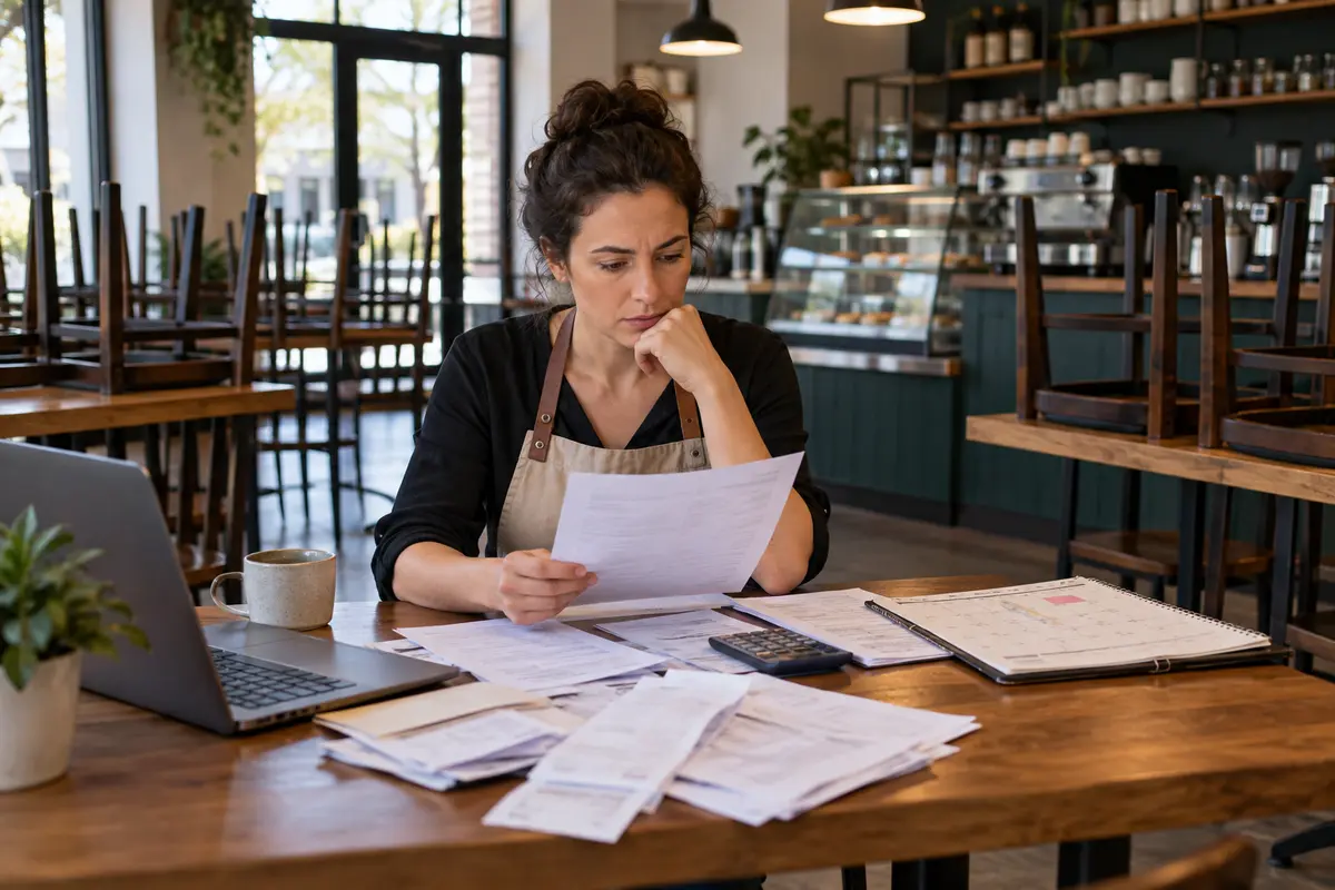 Propietaria de una cafetería cerrada temporalmente revisando cuentas del negocio