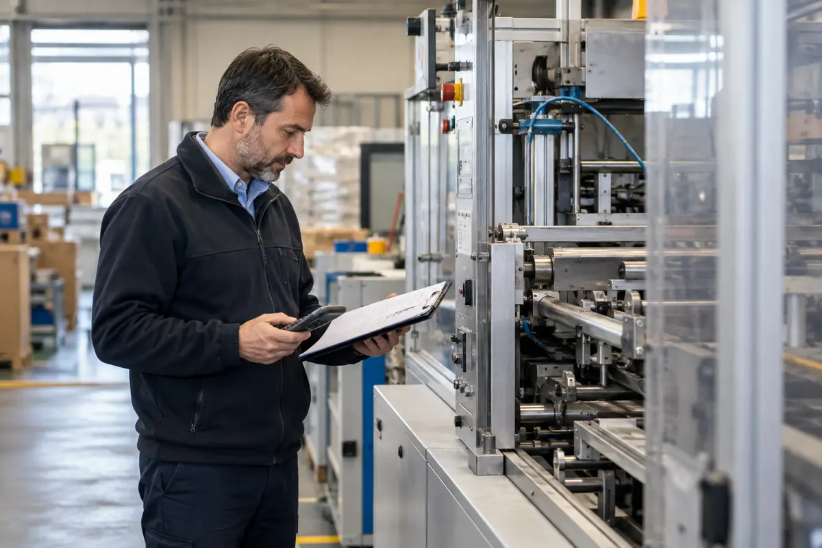 Responsable de fábrica inspeccionando una máquina parada y tomando notas