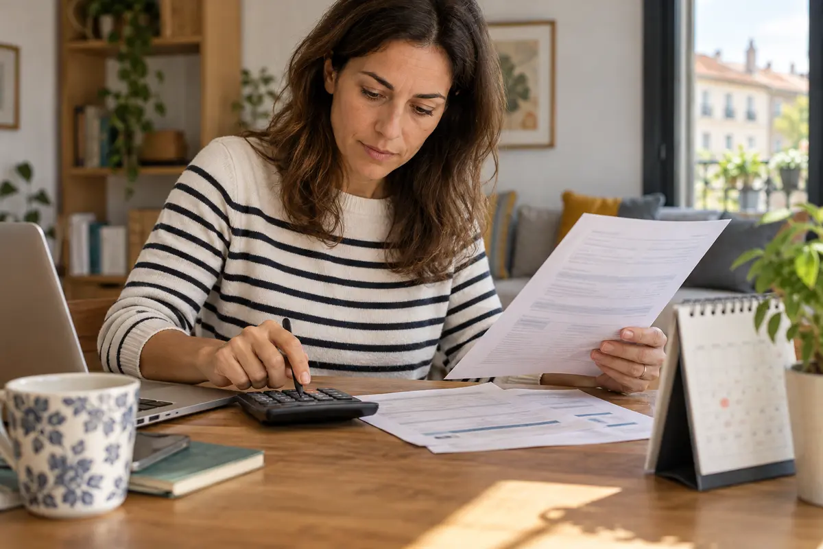 Persona comprobando fechas y condiciones de una póliza de vida con calendario y calculadora