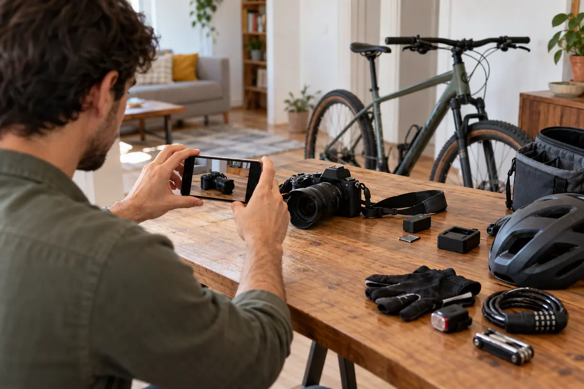 Persona fotografiando una cámara y una bicicleta recuperadas para documentar su estado