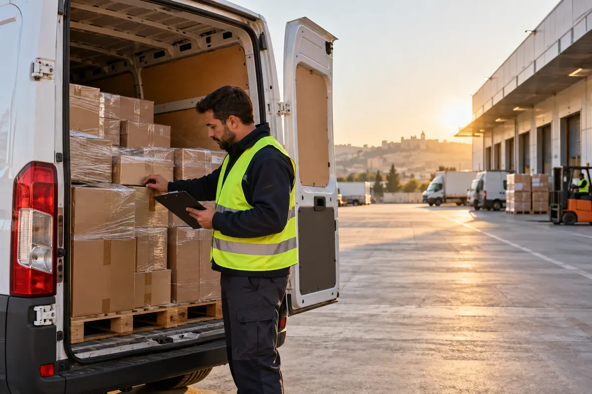 Trabajador comprobando mercancías embaladas dentro de una furgoneta en un centro logístico