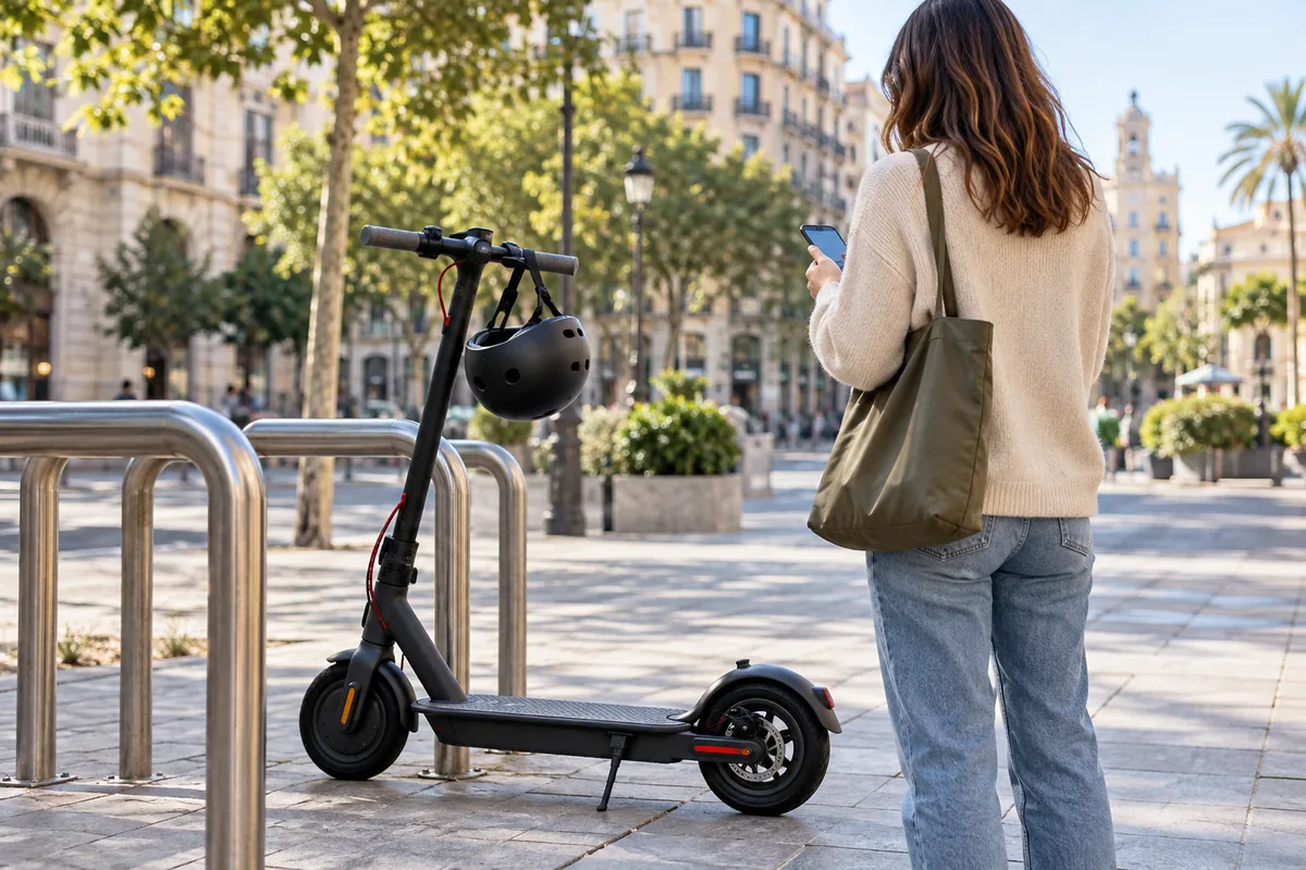 Patinete eléctrico estacionado junto a un aparcabicicletas mientras su propietaria consulta el registro